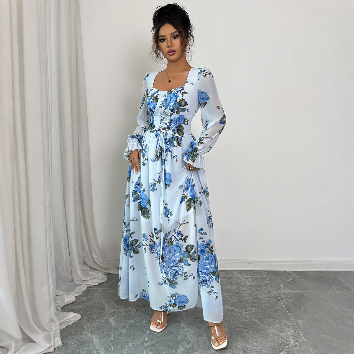 Robe Longue Fleurie Bleu Élégante