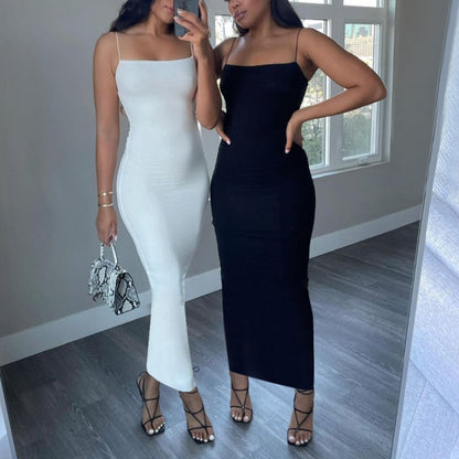 Robe Midi Ajustée à Bretelles Fines