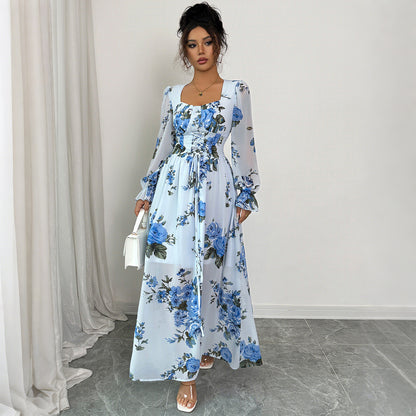 Robe Longue Fleurie Bleu Élégante
