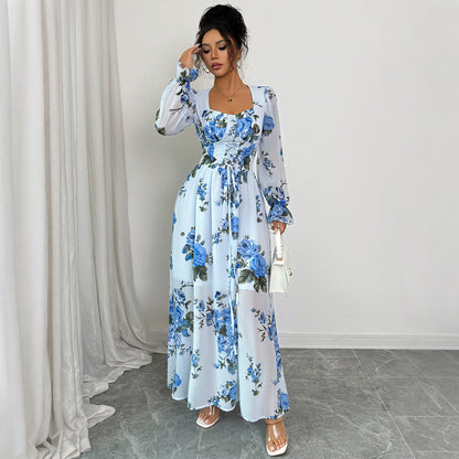 Robe Longue Fleurie Bleu Élégante