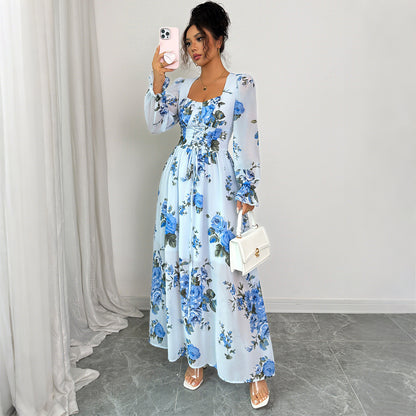 Robe Longue Fleurie Bleu Élégante